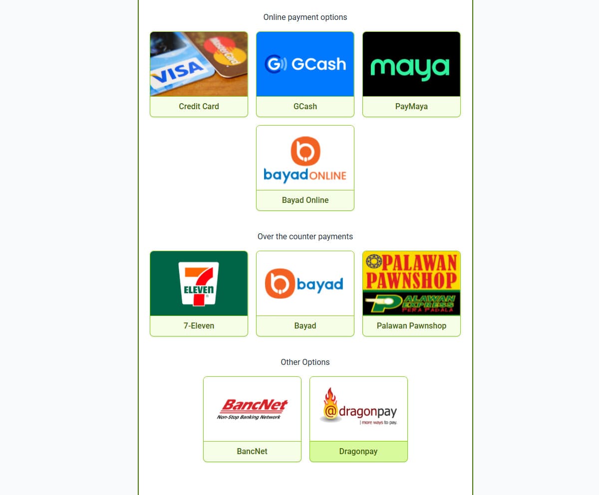 A list of payment options for PSA certificates online, including credit/debit card, GCash, Maya, and various over-the-counter channels.